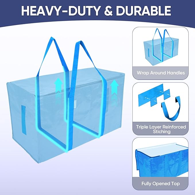 TICONN 2 Pack Extra Large Moving Bags Heavy Duty with Zippers & Carrying Handles, Durable Storage Bags Moving Boxes for Closet Organizers and Storage (2 Pack, Sky Blue)