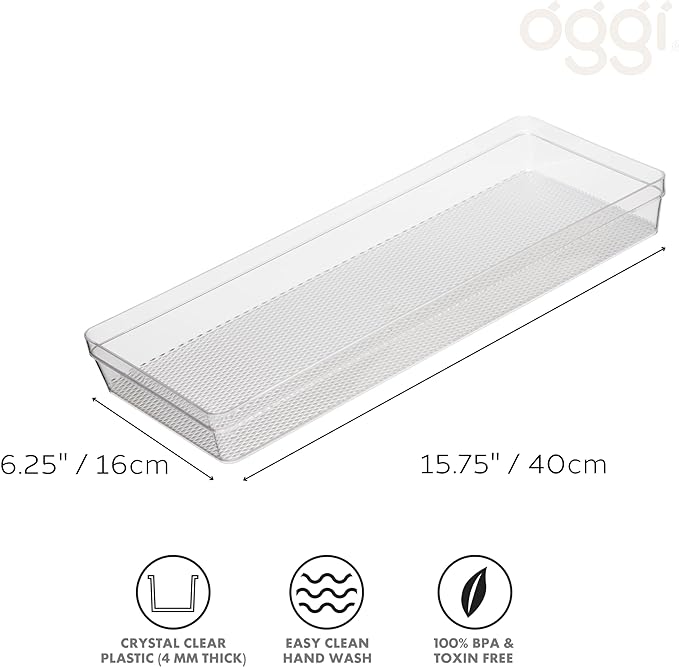Oggi Clear Drawer Organizer - 6.25" X 15.75" - Ideal for Organizing Kitchen Drawers, Office, Desk, Silverware, Kitchen Utensils, Cosmetics and Bathrooms