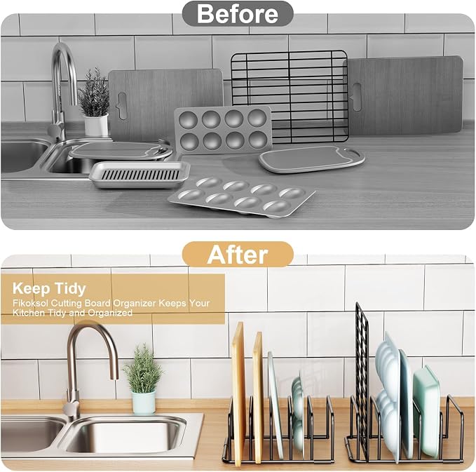 Fikoksol Cutting Board Organizer and Baking Sheet Rack, 1-Pack Black Heavy Duty Metal Cookie Sheet Organizer for Cutting Board Storage & Plate Holder for Cabinet, Tray Dividers for Cabinets