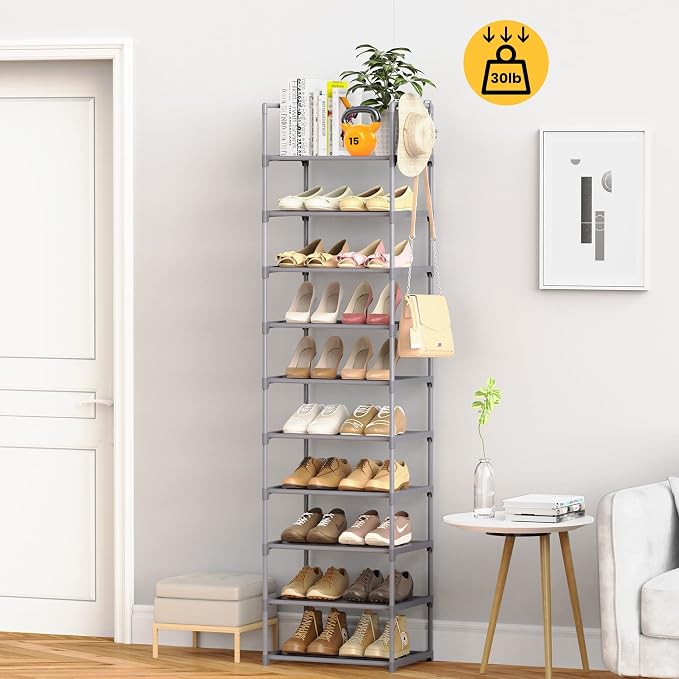10 Tiers Tall Shoe Rack Narrow 20-24 Pairs Shoe Rack for Closet Entryway Vertical Metal Shoe Rack Organizer Shoe and Boots Organizer Storage Sturdy Shoe Shelf Shoe Stand Gray