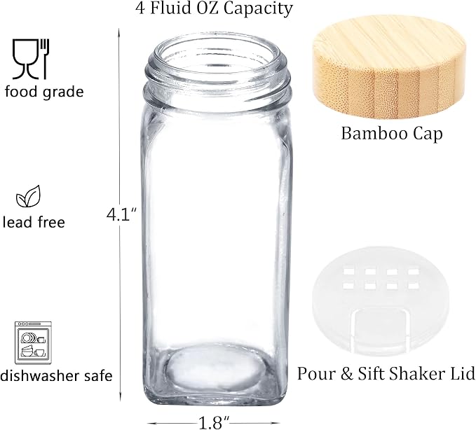 SWOMMOLY 48 Pcs Glass Spice Jars with Bamboo Lids, 4 oz Empty Spice Bottles | Square Spice Containers with 806 White Spice Labels, Airtight Cap, Pour/sift Shaker Lid, Chalk Marker and Funnel.