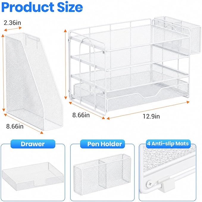 OPNICE Desk Organizer, 4-Tier Desktop File Organizer with Drawer and Pen Holders, Office Desk Accessories, File Sorters, Workspace Organizers for Office Supplies(White - Metal Pen Holder)
