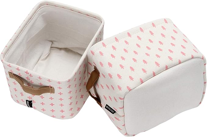 Sea Team Collapsible Small Canvas Fabric Storage Basket with Handles, Square Mini Storage Box, Cube, Foldable Shelf Basket, Closet, Desk Organizer for Nursery, Home, Office (Pink, Set of 4)
