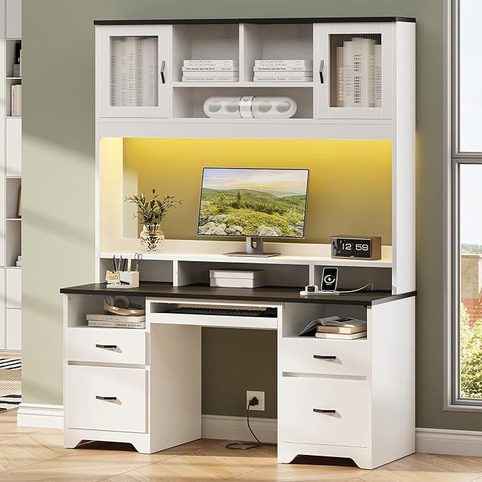 Bestier 77.8" H Computer Desk with Hutch, Charging Station, LED Light,White | Modern Wood Executive Desk with Drawers, Fluted Storage Cabinet, Keyboard Tray, 59" W Office Desk for Home Office