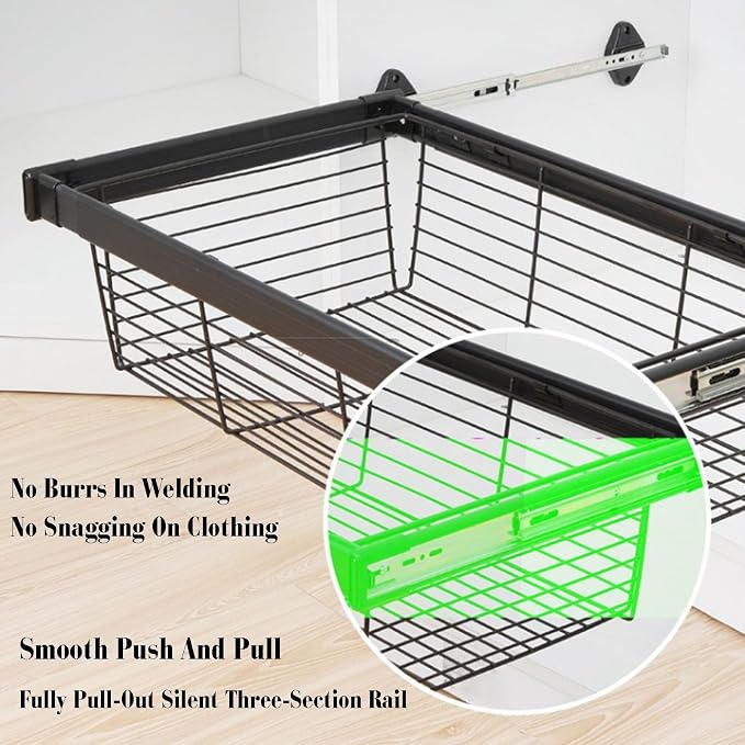 Closet Pull-Out Basket,Stackable Storage Bins,Stainless Steel Stackable Shelf Baskets Organizer,Adjusted Width for Bedroom Office Bathroom(18.5-20.47in)