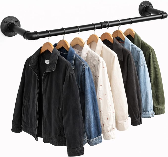 Svyrilk 38.4" Wall Mounted Clothes Rack | Heavy Duty Iron Industrial Pipe Garment Bar, Space-Saving Hanging Rod for Closet, Laundry Room, Bedroom, Black