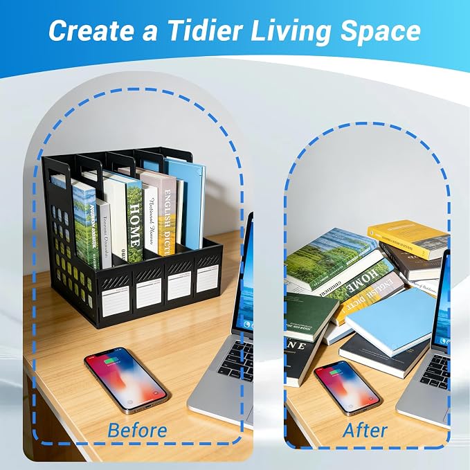Ysenchan Plastic Magazine File Holder, Desk Organizer File Folder for Office Organization and Storage, Sturdy Binder Organizer with 4 Vertical Compartmente，Desktop Accessories for Office Storage