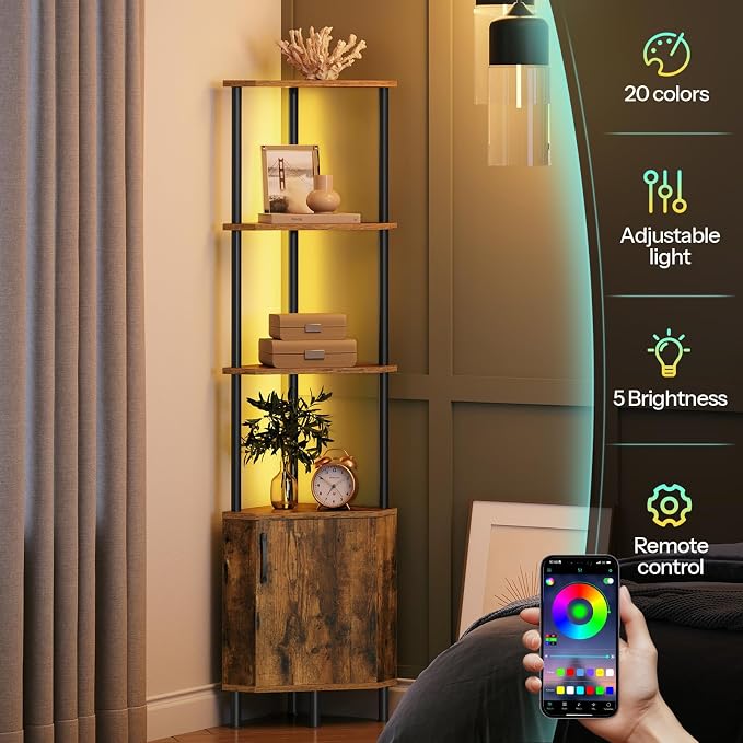 HOOBRO Corner Cabinet with LED Light, Corner Shelf Stand with Storage and Doors, 5-Tier Industrial Corner Bookshelf, 59” Tall Display Rack Shelf, for Living Room, Kitchen, Rustic Brown BF147DCJ01