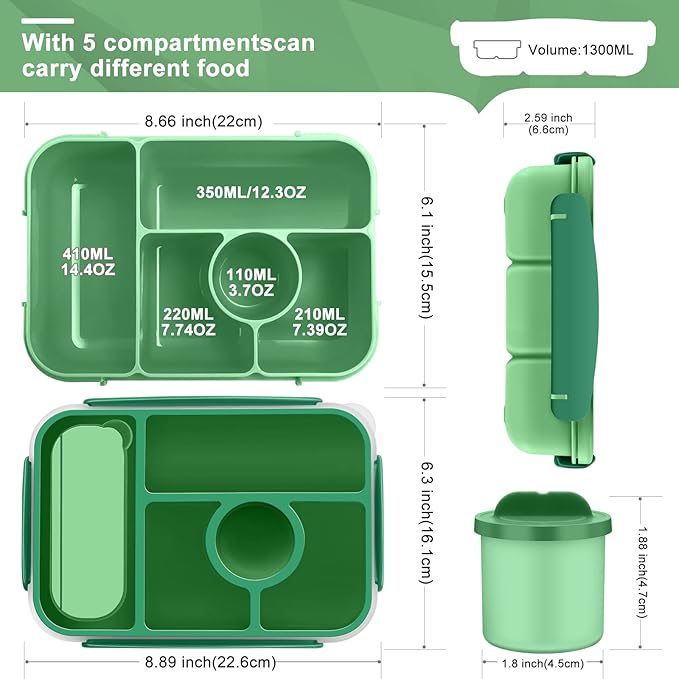 Lunch Box Kids,Bento Box Adult,Lunch Containers for Adults/Kids/Toddler,5 Compartments Bento Lunch Box with Sauce Vontainers,Microwave & Dishwasher & Freezer Safe,BPA Free