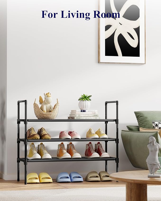 Kitsure Shoe Rack - 3-Tier Shoe Organizer, Shoe Rack for Closet, Entryway, Bedroom, Easy- Assembly Storage Shelf with Side Handles, 27.6" Wide - 3 Tiers, Black