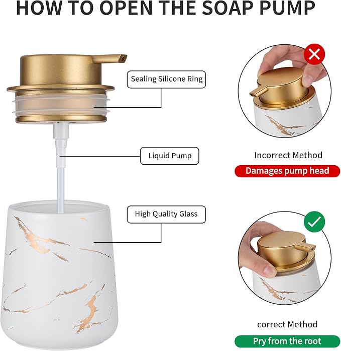 Enra Ceramic Gold Soap Dispenser,12 oz Marble Hand Liquid Soap Dispenser for Bathroom Kitchen Dispenser for Dish Soap with Easy-to-Press(Gold Liquid Type2)