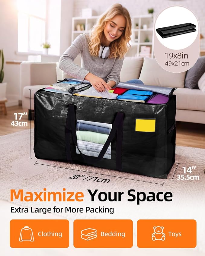 Extra Large Moving Bags, 4 Pack Heavy Duty Storage Bags Boxes Bins Totes with Hnadles Zippers Visible Window for Clothes College Dorm Travel, Black