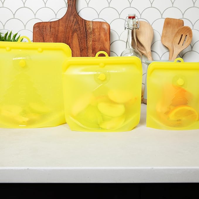 TM REHOBOTH Reusable Silicone Food Storage Bags - Eco-Friendly, Leakproof, Freezer Safe, Dishwasher Safe, Multipurpose, 3-Pack, 3-Sizes of 500ml,1000ml,1500ml (YELLOW)