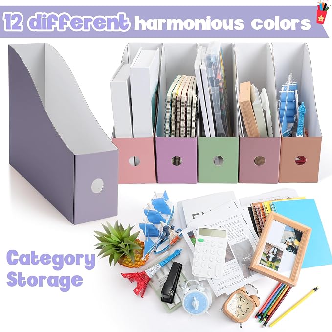 Colarr 48 Pcs Cardboard Magazine Holders 12 Colors Magazine Storage Box with Label Stickers File Folder Book Holder for Desk Desktop Document for School (Vivid Color)