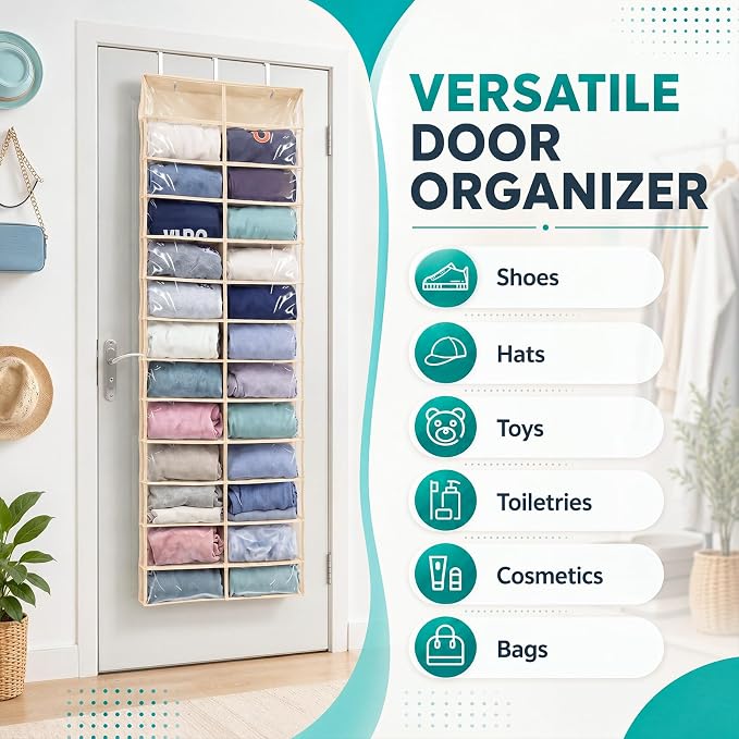 Over The Door Hoodie Organizer 26 Clear Pocket Sweatshirt Organizer with 3 Hooks Hanging Sweatshirt Hoodie Rack Holder Cabinet Behind The Doors for Dormitory Bedroom Closet Storage(Beige)