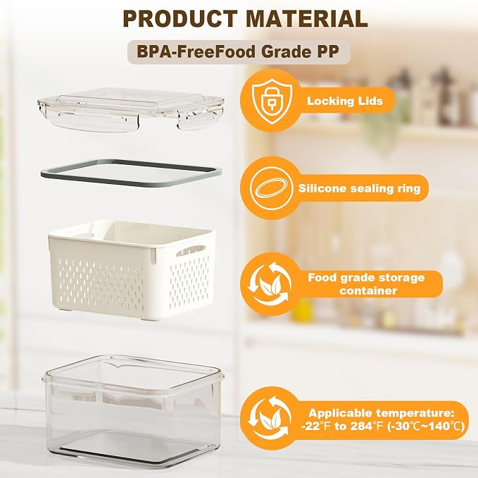 8 Pcs Fruit Storage Containers for Fridge (with Drain Basket) - Leak-Proof Food Containers, BPA-Free, Keep Fruits, Vegetables, Berries, and Meats Fresh for a Long Time, Dishwasher and Microwave Safe