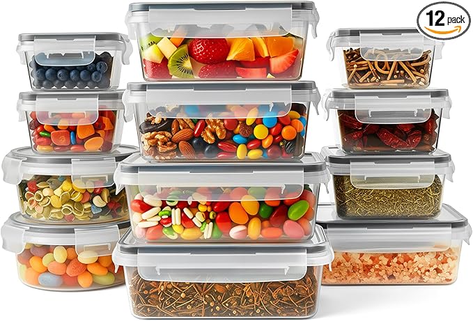 BZLMDXW 12-Pack Food Storage Container Set kitchen organizers Meal Prep Containers Lock Lids Reusable Plastic Lunch Box Snack Salad Containers 12 Boxes and 12 Lids Pantry and Kitchen Organization