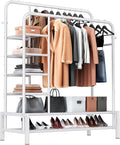 Clothes Rack with Shelves, Double Rods Clothing Rack for Bedroom, White | Metal Garment Rack for Hanging Clothes, 2 Bottom Shelves & 4 Side Shelves, 220 LBS Clothes Racks for Laundry Room, Dorm Room