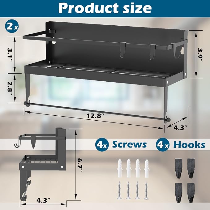 Magnetic Spice Rack Organizer for Refrigerator, 2 Pack, Paper Towel Holder Magnetic with Hooks, Multi Use Kitchen Shelf, 12.8"x4.3"x6.3", Black