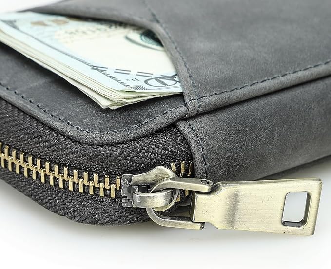 CONTACTS Full Grain Leather Pencil Case Handmade Vintage Zipper Pen Holder Pouch with Card Slot Pens Organizer Pockets Stationery Bag for Men and Women (Grey)