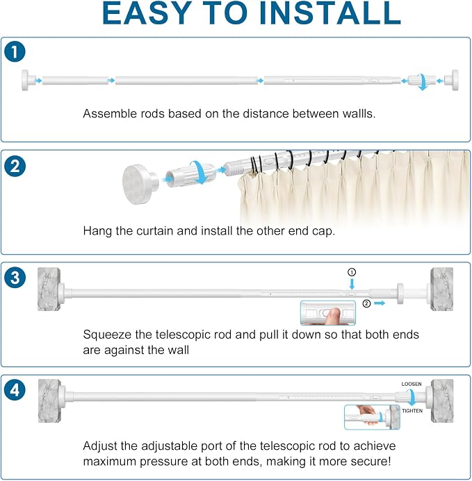 AIZESI 41-86 Inch Heavy Duty White Tension Curtain Rod - No Drilling, Adjustable, Rust-Resistant for Outdoor, Living Room, Window, Bathroom