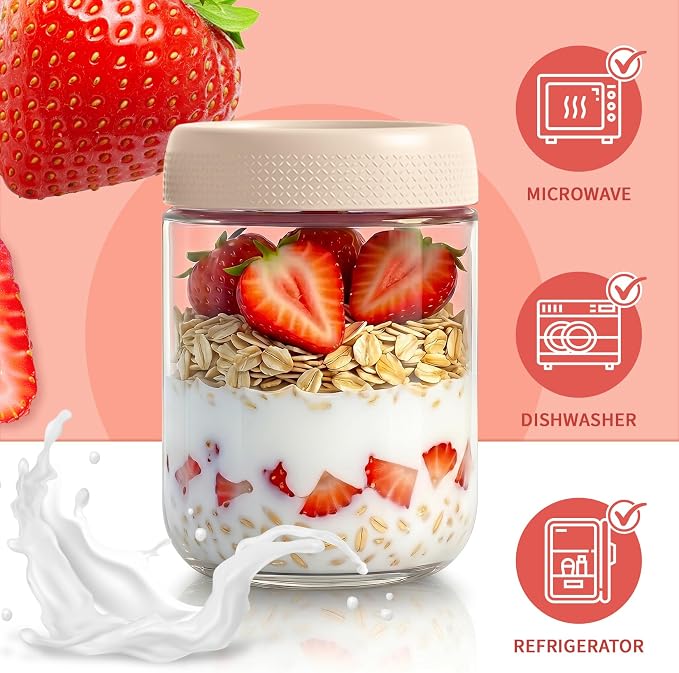 16 oz Overnight Oats Containers with Lids, Yogurt Containers with Lids | 6 Pack Glass Storage Containers with Lids, Wide Mouth Mason Jars, Glass Jars with Airtight Lids for Yogurt, Chia Seed, Prep
