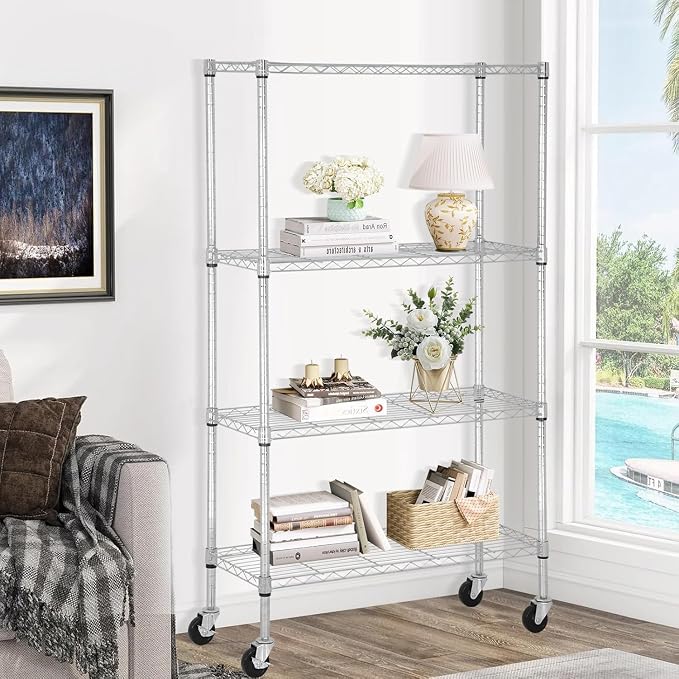 Meet perfect 4-Tier Wire Shelving Unit with Wheels, 1400LBS Heavy Duty Metal Storage Rack, NSF Certified Adjustable Steel Pantry Organizer for Garage, Kitchen, Laundry, 36" W x 14" D x 62" H