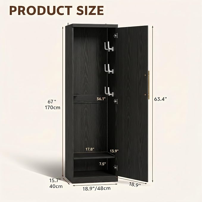 Broom Closet Storage Cabinet, 65" H Slim Utility Closet with Door and Shelf, Tall Vacuum Storage Cabinet with Hooks for Cleaning Tool, Broom Closet Organizer for Bathroom, Garage, Black