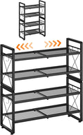 ELYKEN Shoe Rack, 4-Tier Expandable Shoe Organizer for Closet, Metal Black Shoe Shelf with 8 Hooks, Adjustable Shoe Stand Holder for Entryway, Garage, Door Entrance