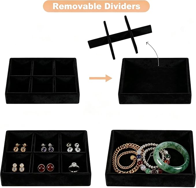 Small 8-Piece Velvet Jewelry Drawer Organizer Inserts Stackable Trays | 4.8in velvet trays with removable dividers, fits jewelry boxes & narrow drawers, stackable for earrings rings makeup storage