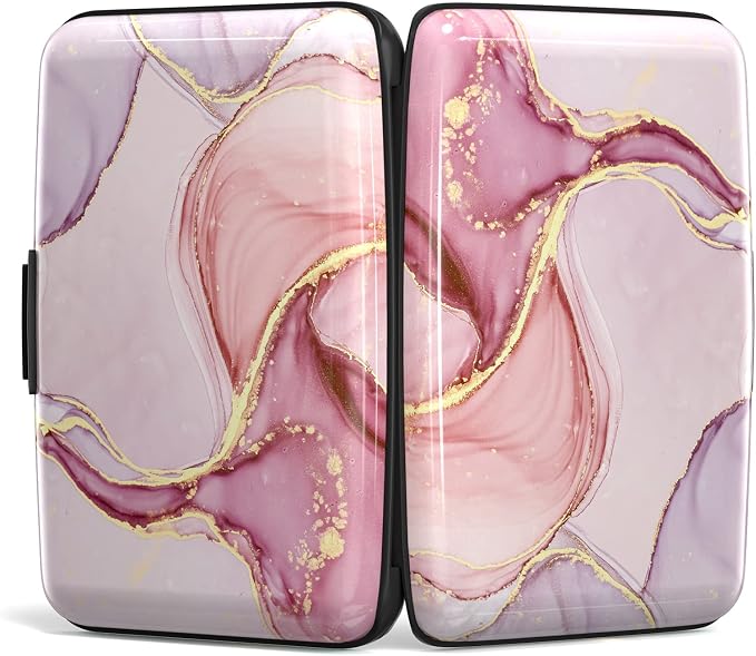 Credit Card Holder, Mini Aluminum Card Wallet RFID Blocking Slim Metal Hard Card Case for Women Men, Pink Marble