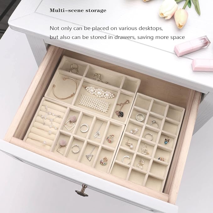 Stackable Jewelry Organizer Trays for Drawer, Set of 4 Velvet Jewelry Drawer Inserts in Dresser, 8in Storage Display Case for Rings Stud Necklaces Accessories(Beige)