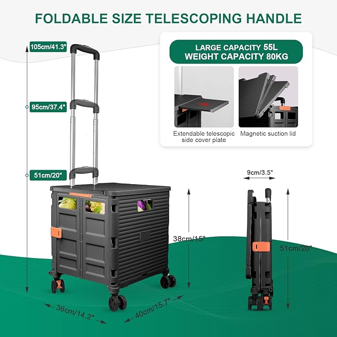 Foldable Utility Cart Folding Portable Rolling Crate with Magnetic Extended Lid,360°Rotate Wheels,176LBS Load Capacity,Heavy Duty Durable Dolly Cart for Teacher Tourist Shopping Office Outdoor