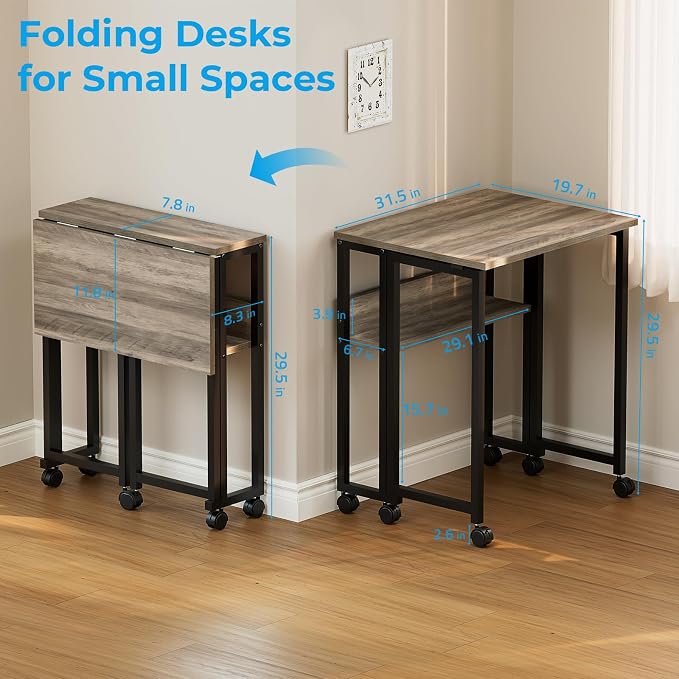 GreenForest Folding Desk with Wheels, 31.5" Rolling Table for Small Spaces | Storage Shelf, Lockable Casters, Compact Portable Workstation, Space-Saving Foldable Sofa Table, Home Office, Mobile, Grey