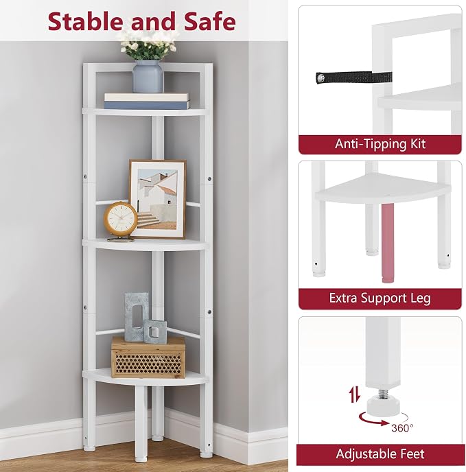 Tajsoon Small Corner Shelf Stand 3 Tier 39.6" Industrial Corner Display Shelf Shelving Unit, Corner Tables for Small Spaces, Bedroom, Living Room, Office, Kitchen, White