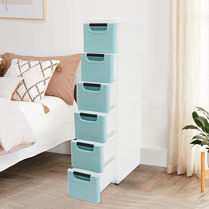 6 Drawers Narrow Storage Cabinet, Stackable Plastic Storage Tower Slim Utility Organizer for Kitchen Bathroom Living Room Office (Blue)
