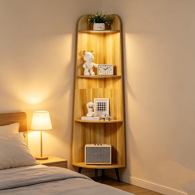 VECELO 4-Tier Curved Corner Shelf, 66.93" Tall Freestanding Corner Bookshelf, Narrow Vertical Corner Display Rack with 17.32" Spacious Open Tiers for Bedroom Living Room Small Spaces, Natuarl Wood