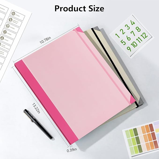 Document Organizer, File Folder with Labels and Pockets, Expanding Storage Folder for Important Papers, Emergency Binder, Birth Certificates and Letters, Ideal for Home Files Organization (Pink)