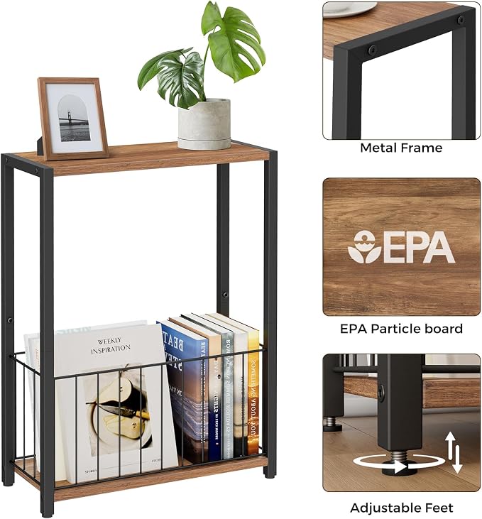 Homleke Narrow Side Table with Magazine Holder, Skinny End Table | Space-Saving Design, Small Spaces, Storage Shelf, Metal Frame, Easy Assembly, 7.1" D x 16.9" W x 23.6" H, Rustic Walnut