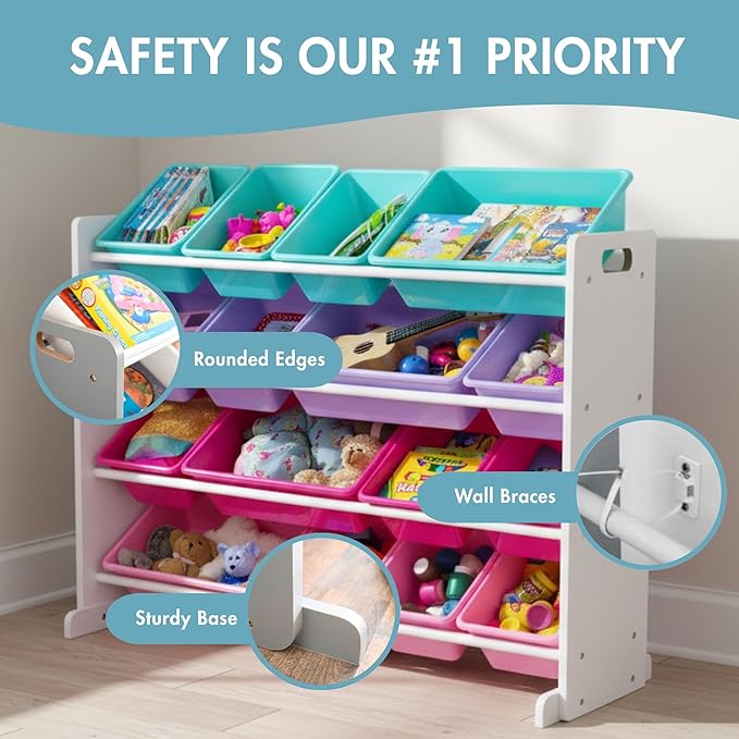 Humble Crew Toy Storage Organizer with 16 Removable Storage Bins for Kids Playroom, 4-Tier Toddler Toy Organization and Storage, White/Blue/Pink/Purple