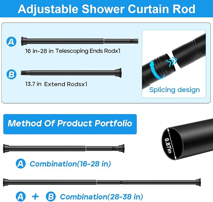 MEXAU 1 Pack Black Spring Tension Curtain Rods 18-37 Inch,Adjustable Tension Rods Shower Curtain Rod No Drilling for Window, Bathroom, Closet, Room Divider, 7/8" Diameter