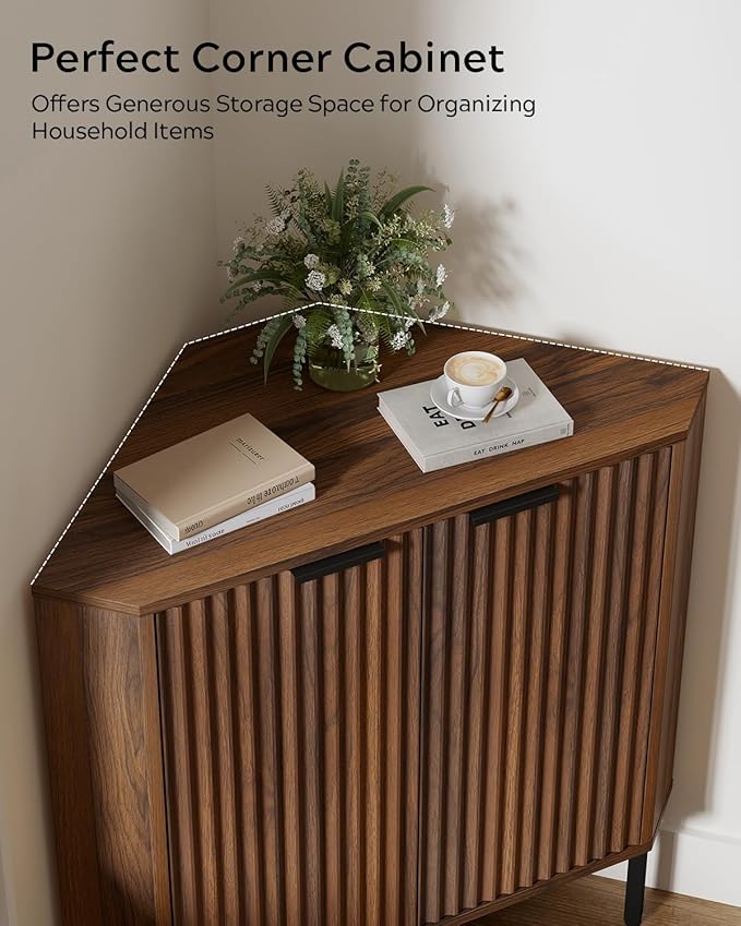 Fluted Corner Cabinet, Modern Small Floor Storage Cabinet with Adjustable Shelf, Wood Freestanding Narrow Organizer for Living Room Kitchen, Brown