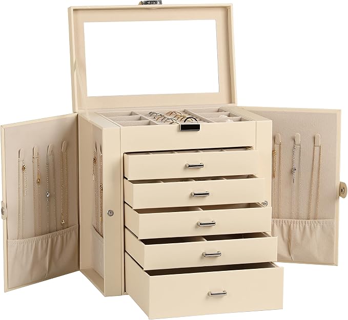 Frebeauty 6-Layer Jewelry Box for Women,Large Jewelry Organizer with Drawer | Faux Leather,Built-in Mirror,Spacious Jewelry Storage,16 Necklace Hooks,Organizing by Category for Rings Earrings Bracelet