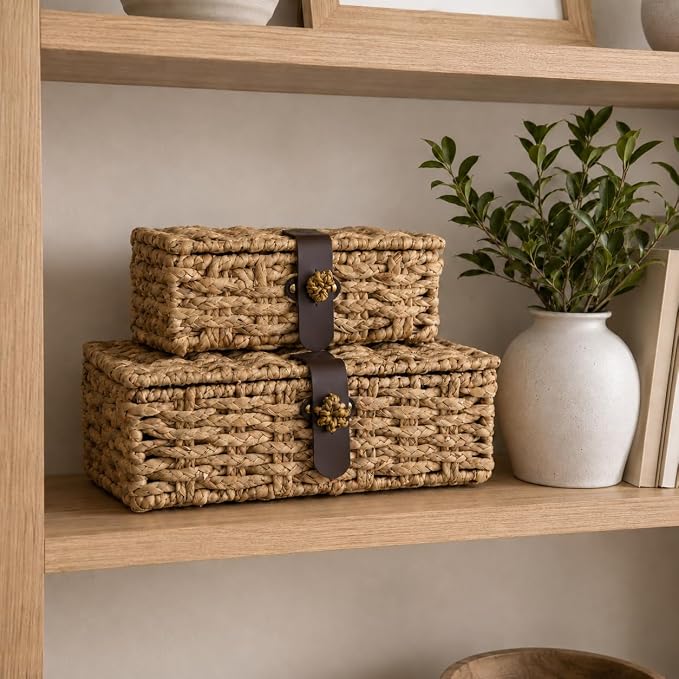 Set of 2 Decorative Box,Woven Storage Baskets with Lid, Water Hyacinth Decorative Boxes for Home Decor, Coffee Table,Entry Table,Mantle,Shelf