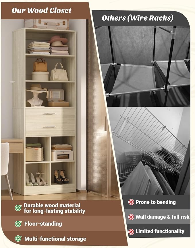Besiost 22" Closet System with Drawers, Small Closet Organizer for Walk in Closet, Bedroom & Nursery, Wardrobe Storage Unit with Storage and Shelves, Enclosed Storage Volume 2.58 ft³, Greige Oak