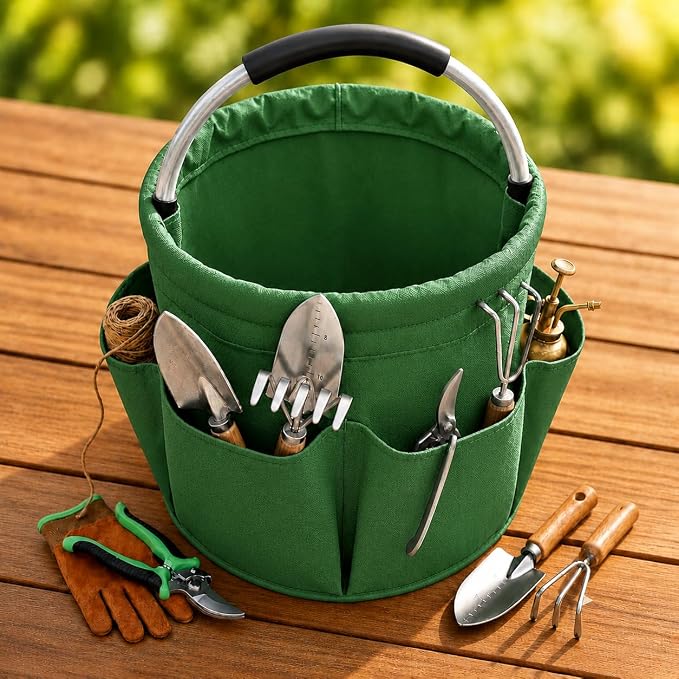 Garden Tool Organizer Tote with Non-Slip Handle – 4.5-Gallon Water-Resistant Bucket Bag with 6 Side Pockets, Portable Gardening and Outdoor Utility Bag for Yard Work, Garage, Beach & Camping