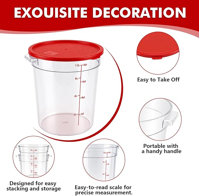 4-Pack Food Storage Containers with Lids,Round Plastic Containers for Kitchen, Food Grade, BPA-Free, Stackable, Clear Red Storage Buckets (Red, 7.5L)