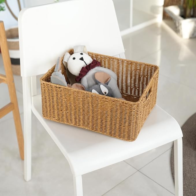 YRMT Rattan Storage Basket Pantry Basket with Built-in Handles Wicker Basket for Organizing Shelves Waterproof Woven Basket Nature (14"x10"x6.3")