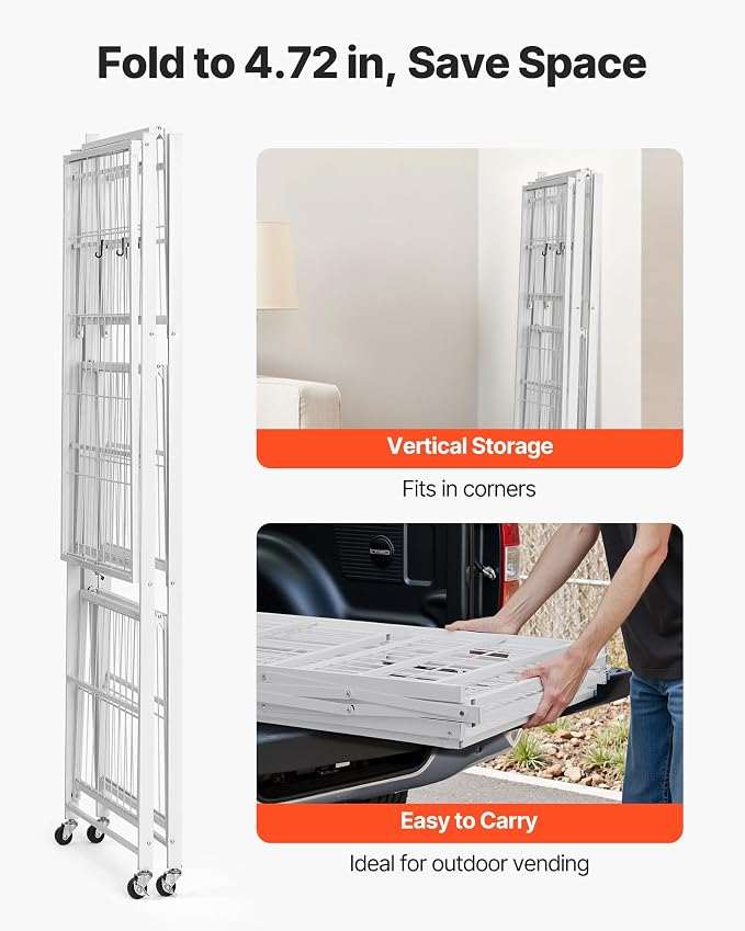 VEVOR 4-Tier Foldable Storage Shelf, 36W x 21D x 60 H Inch Folding Metal Rack Shelving Unit, No Assembly Organizer Shelf with 5 Wheels & 4 Hooks for Pantry, Kitchen, Garage, Basement, White