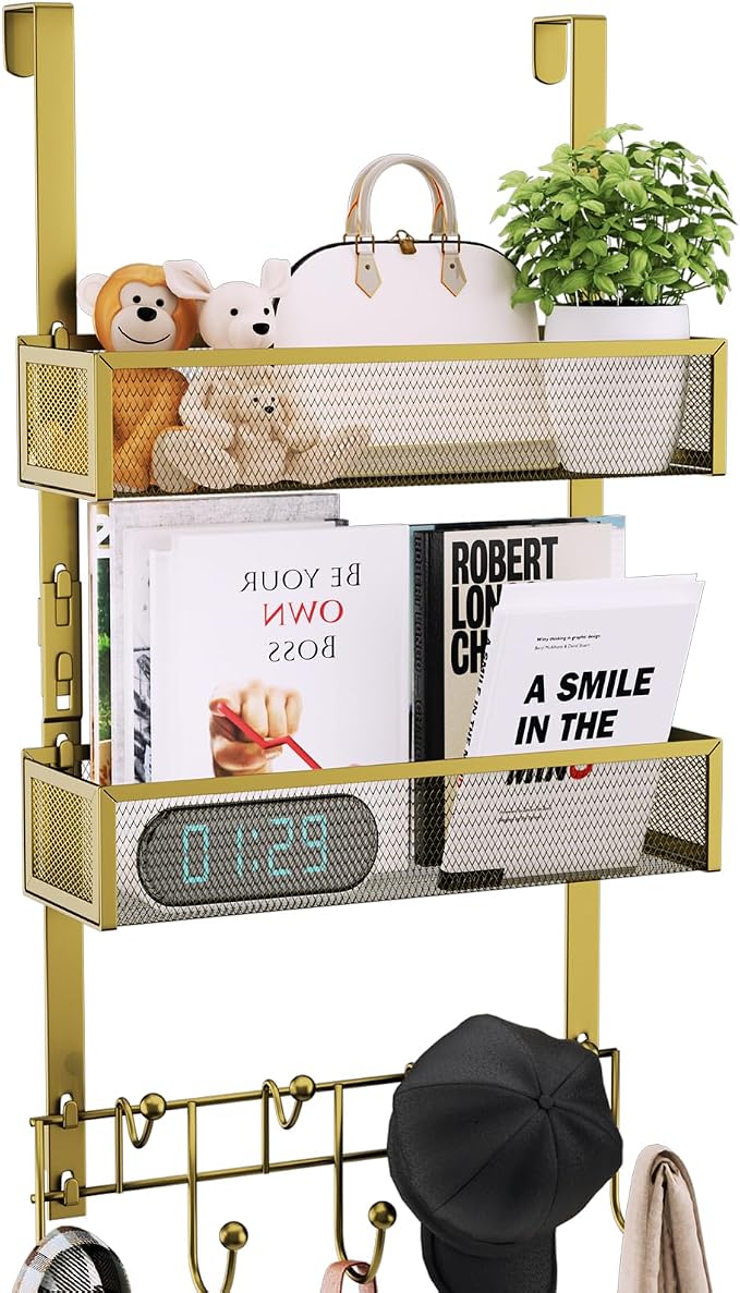 Consumest Over The Door Hooks Organizer - 3 Tier Door Hanger with 9 Coat Hooks & 2 Mesh Basket, Back Storage Organizer Hanging Towels for Bathroom, Bedroom, Gold